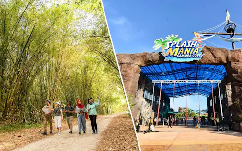 Visitors exploring bamboo forest at Paya Indah Discovery Wetlands and entrance to SplashMania Waterpark, Gamuda Cove.