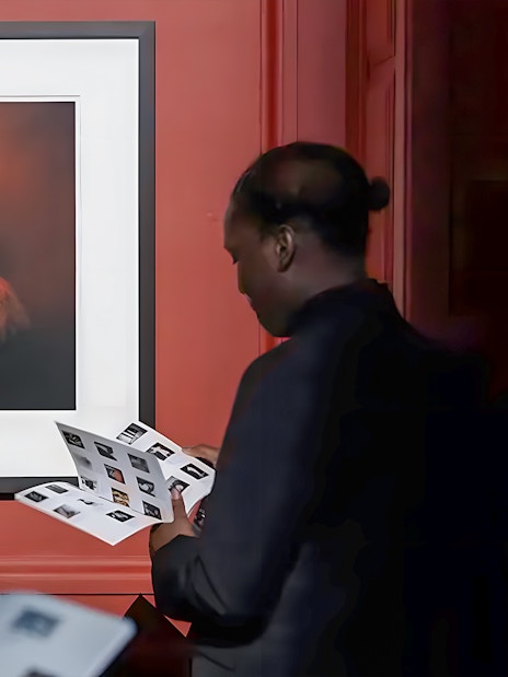 Visitors viewing artwork at Palais Galliera exhibit in Paris.