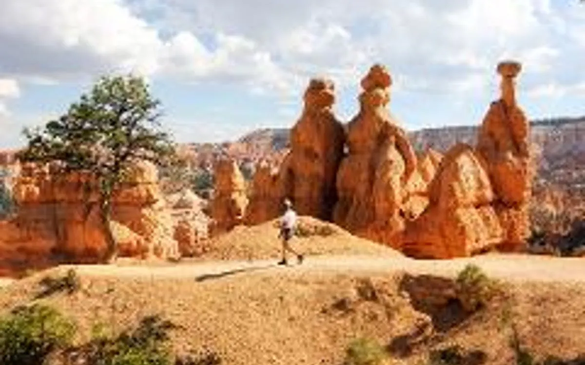 Hiker on trail with hoodoos in Bryce Canyon National Park, Utah.