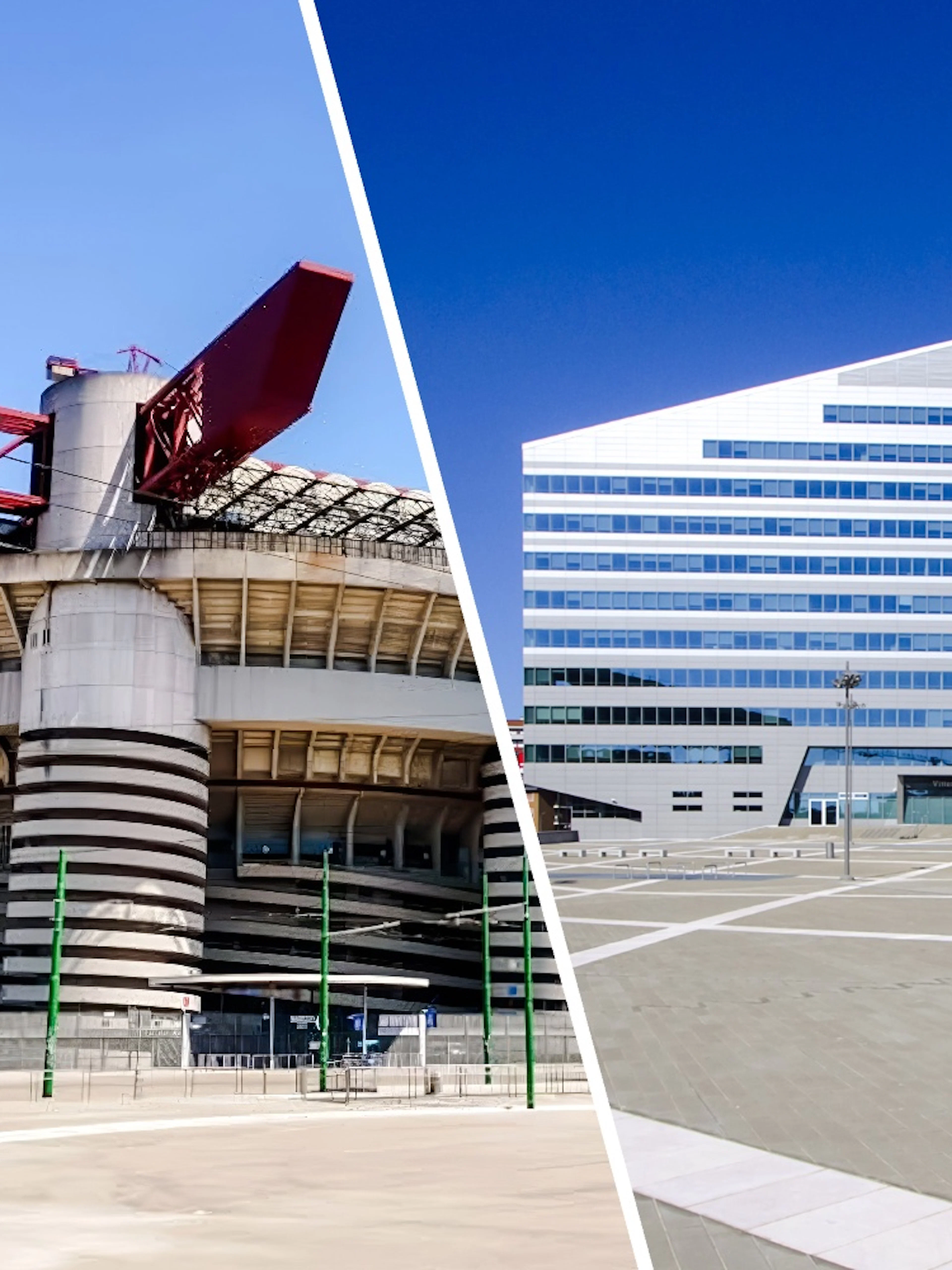San Siro Stadium with red roof structures in Milan, Italy, next to modern building.