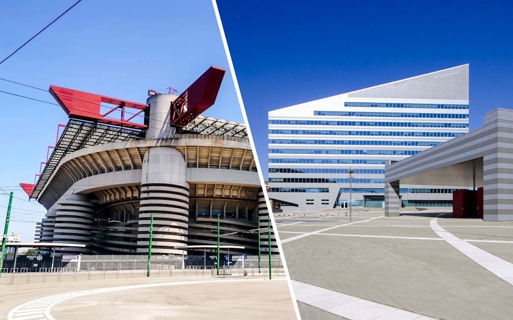 San Siro Stadium with red roof structures in Milan, Italy, next to modern building.
