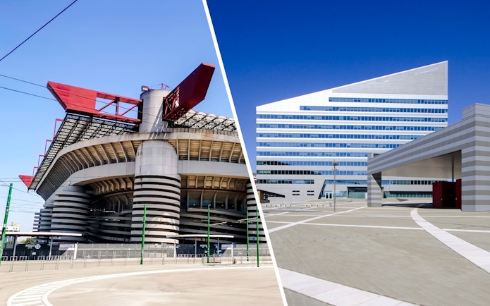 San Siro Stadium with red roof structures in Milan, Italy, next to modern building.