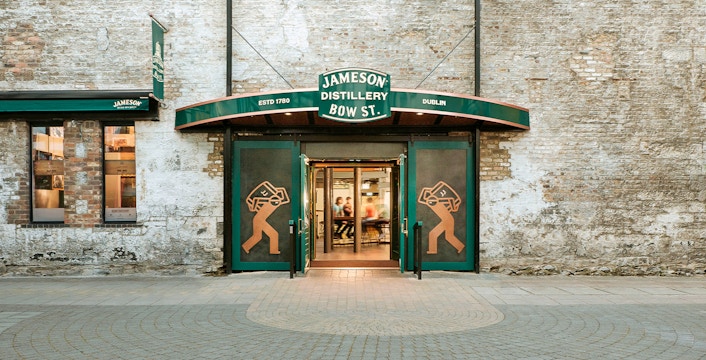 Jameson Distillery Bow St. entrance in Dublin with visitors entering for a guided tour.
