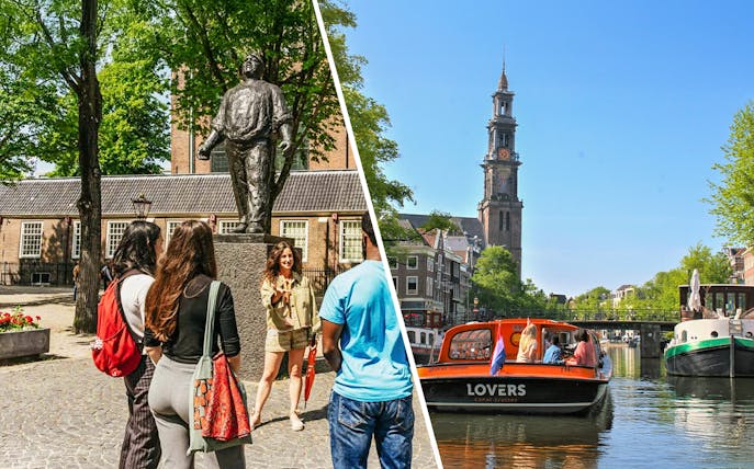 Anne Frank statue tour group and Amsterdam canal cruise boat near Westerkerk.