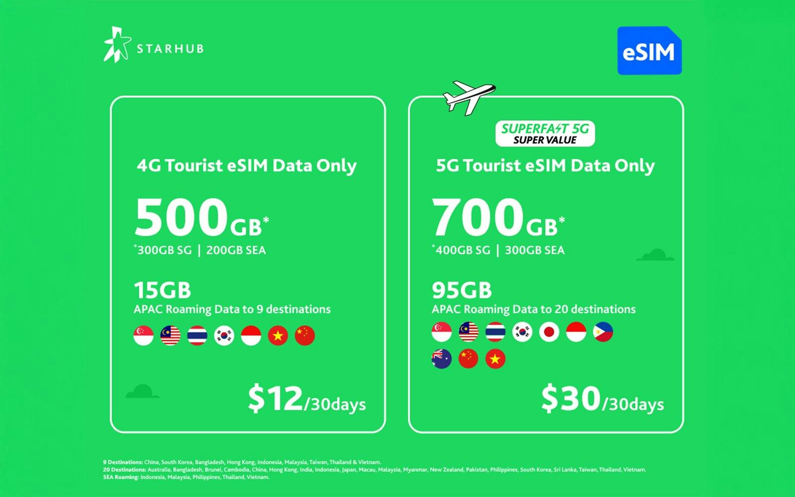 4G and 5G tourist eSIM data plans from StarHub with roaming options in Singapore.