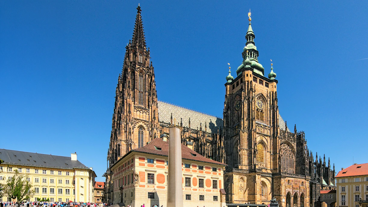 Saint Vitus Cathedral and Obelisk at Prague Castle with tourists, Prague, Czech Republic.