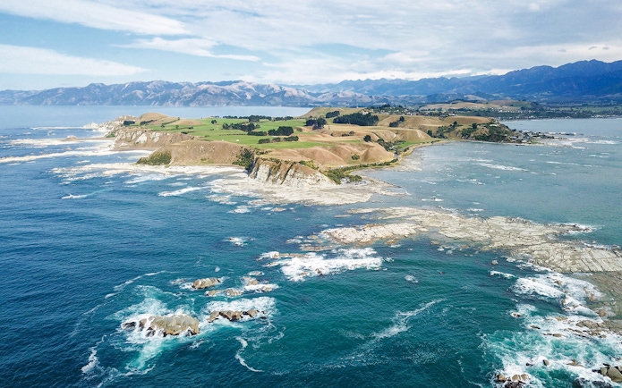 Aerial view of Kaikoura Peninsula coastline, Kaikoura, New Zealand.