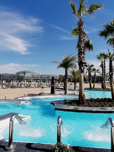 Therme Bucuresti Spa pools with palm trees in Bucharest, Romania.
