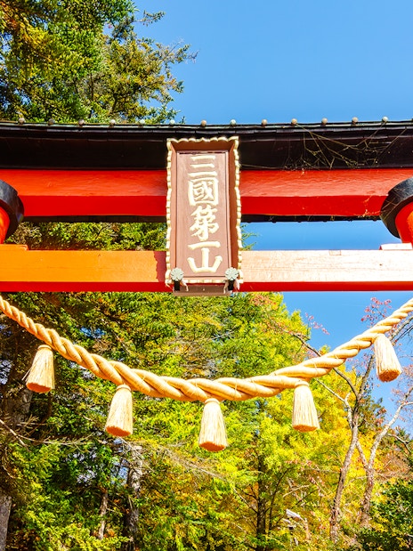 Torii gate with rope detail in autumn, leading to Chureito Pagoda, Arakura, Japan.