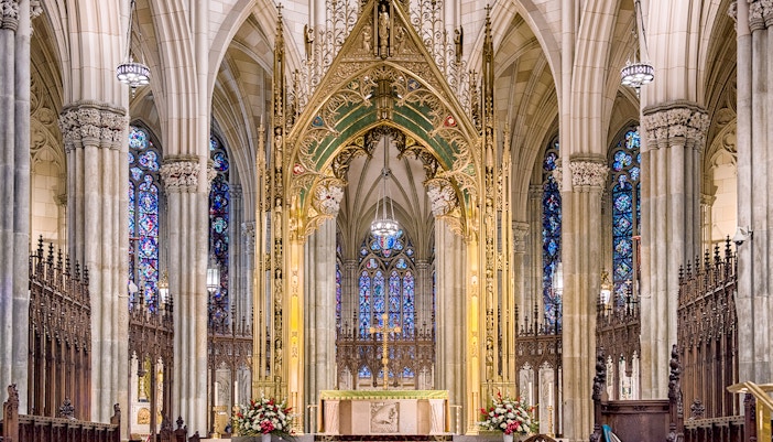 St Patrick Cathedral exterior with Gothic architecture in New York City.