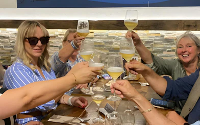 Tourists toasting with wine glasses at Txakoli winery.