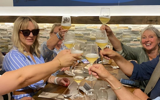 Tourists toasting with wine glasses at Txakoli winery.