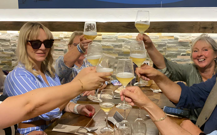 Tourists toasting with wine glasses at Txakoli winery.