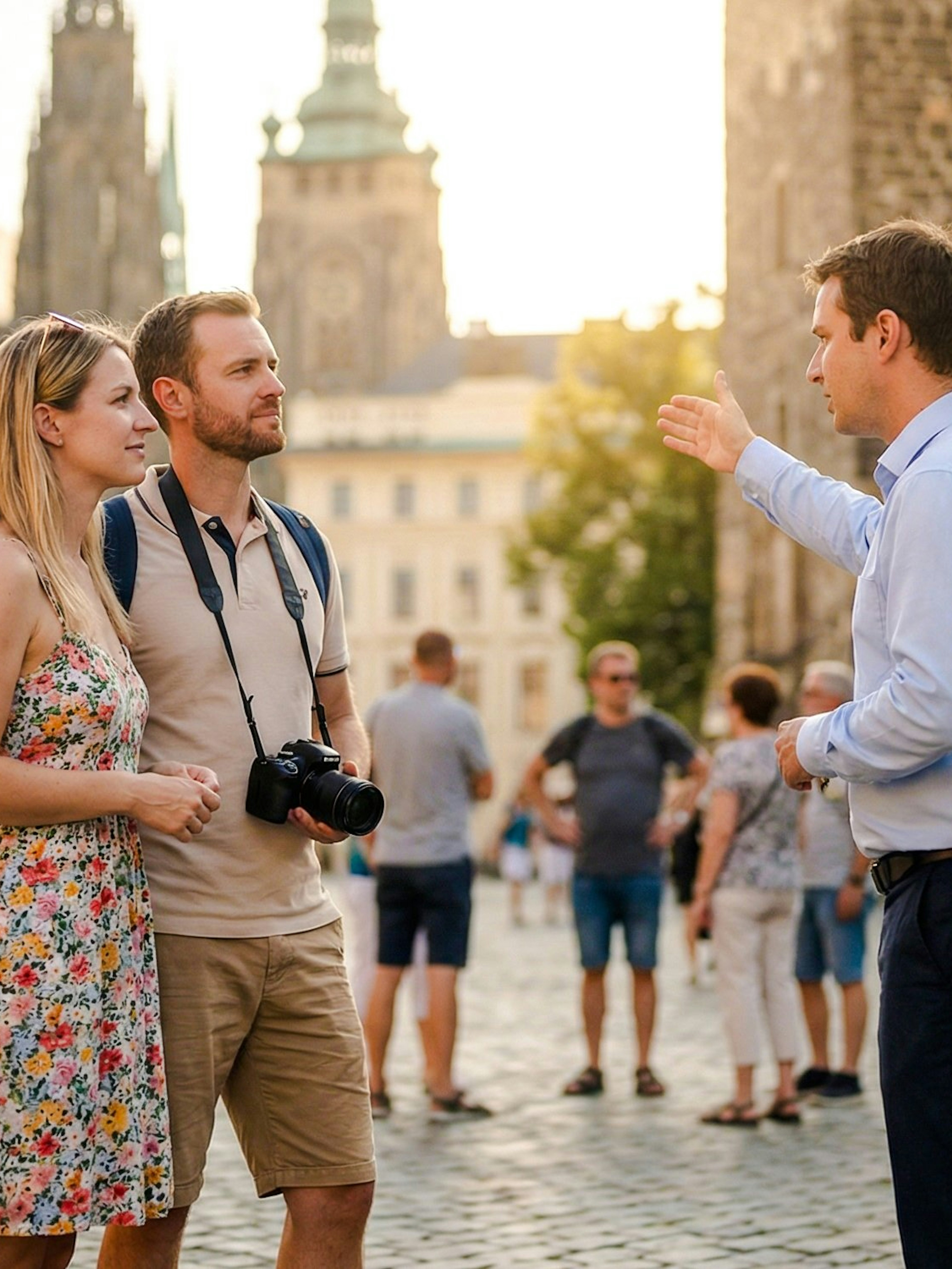 Couple listening to a guide at Prague Castle with cathedral in background.