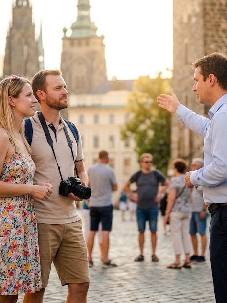 Couple listening to a guide at Prague Castle with cathedral in background.