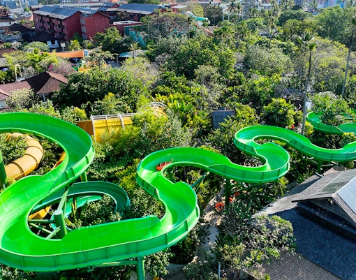 Aerial view of the Python water slide at Waterbom Bali water park