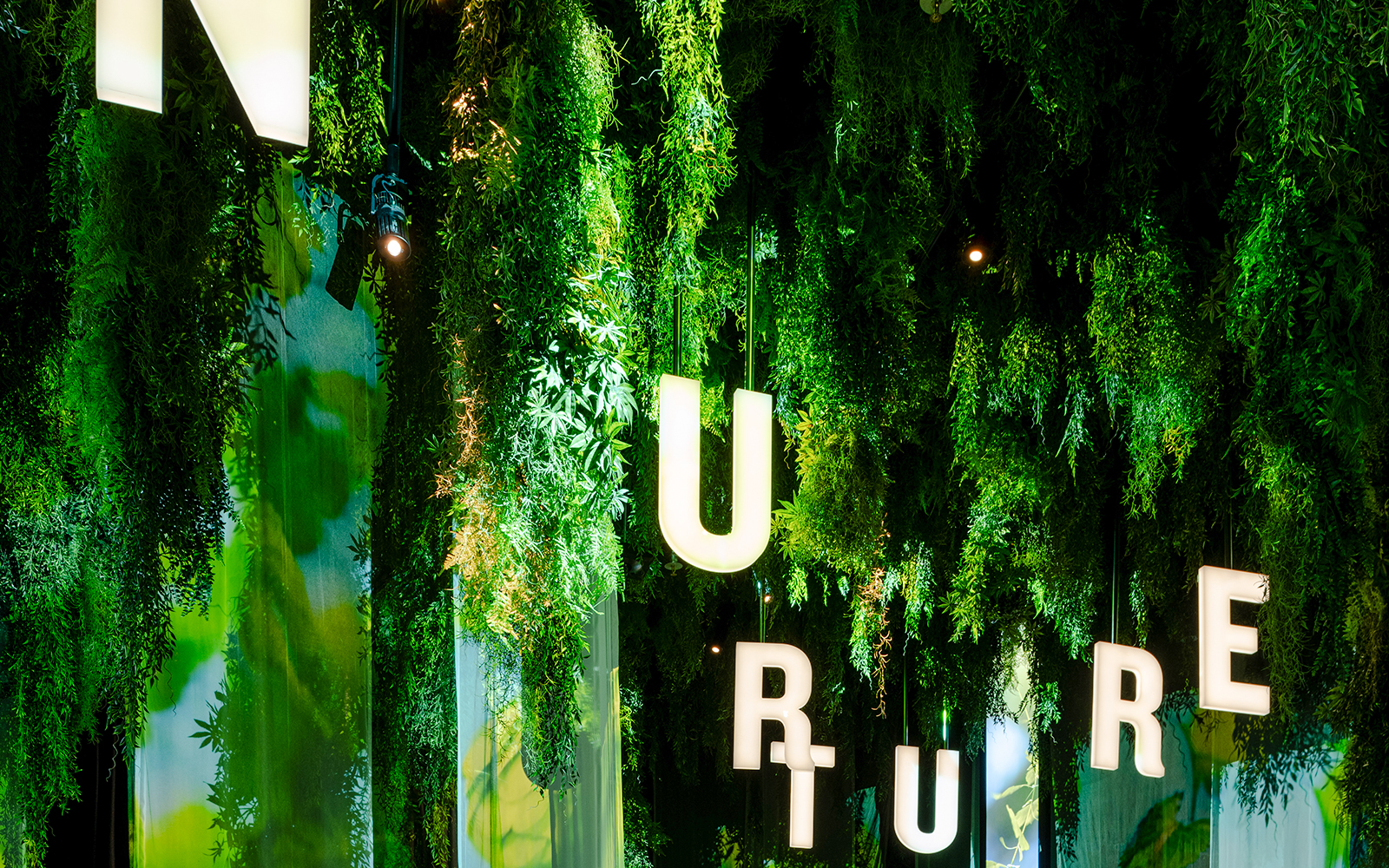 Hanging greenery and illuminated letters inside Guinness Storehouse exhibit.