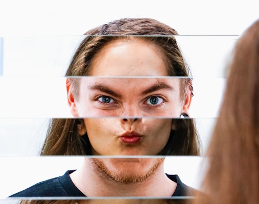 Distorted face reflection in mirrors at Changing Faces Hedge, Museum of Senses.