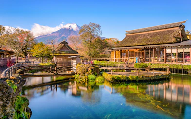 Traditional buildings and pond at Oshino Hakkai Village, Japan, with Mount Fuji in the background.