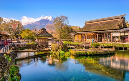 Traditional buildings and pond at Oshino Hakkai Village, Japan, with Mount Fuji in the background.
