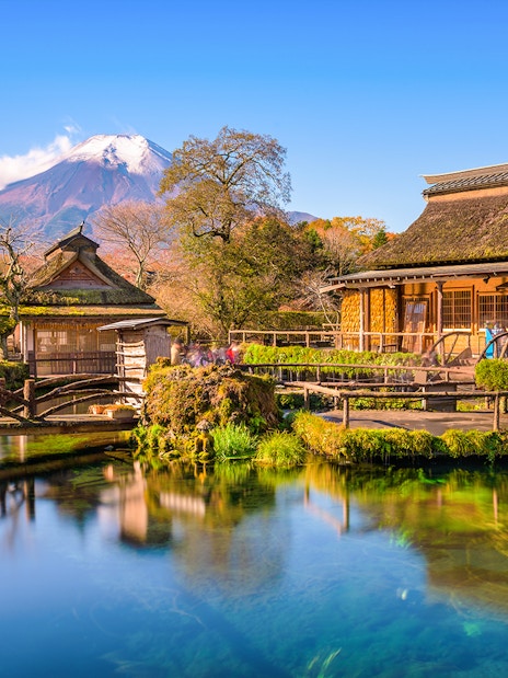 Traditional buildings and pond at Oshino Hakkai Village, Japan, with Mount Fuji in the background.