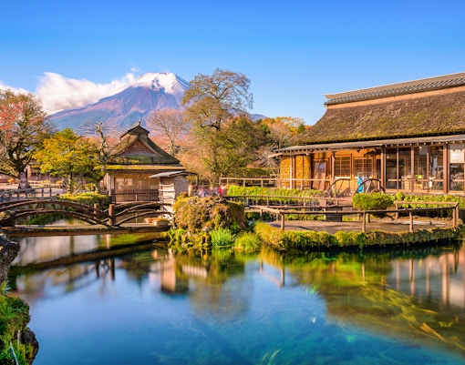 Traditional buildings and pond at Oshino Hakkai Village, Japan, with Mount Fuji in the background.