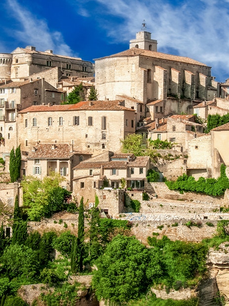 Hilltop village in Provence with stone buildings and lush greenery, part of Lavender Full Day Tour.
