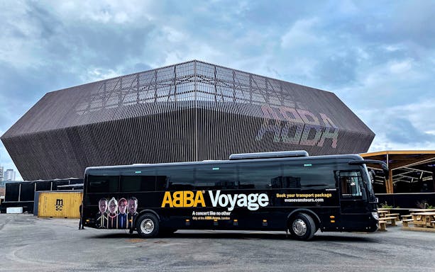 ABBA Voyage concert coach outside ABBA Arena, London.