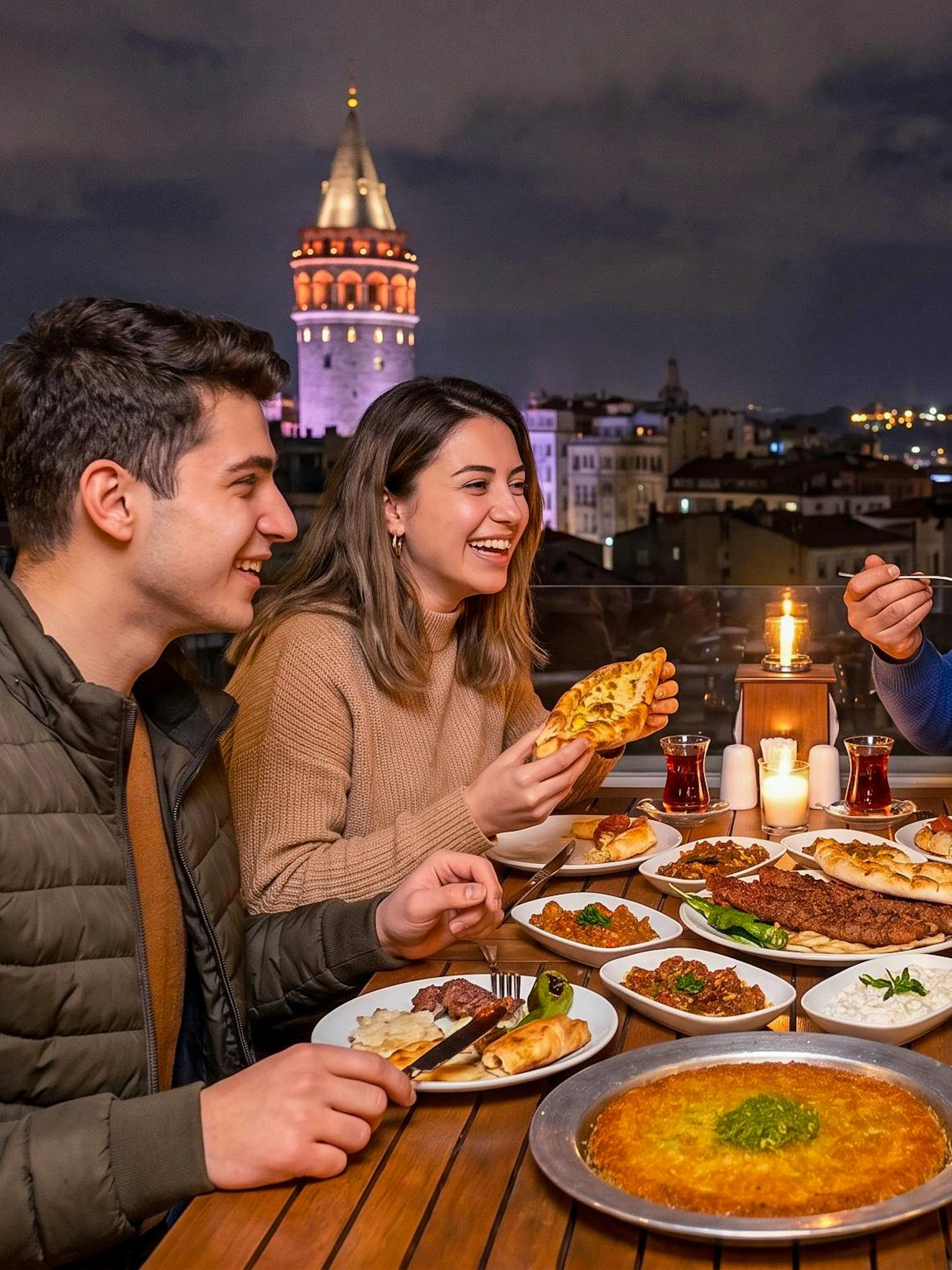 Group enjoying traditional Turkish dishes on a rooftop with Galata Tower view in Istanbul.