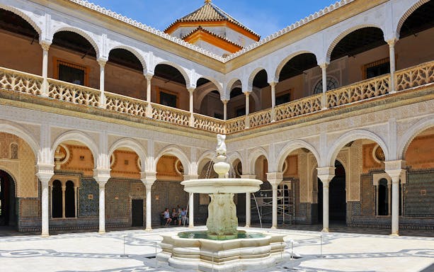 Casa de Pilatos courtyard with central fountain, Seville, part of Salvador church, Casa Pilatos & Metropol Tour.
