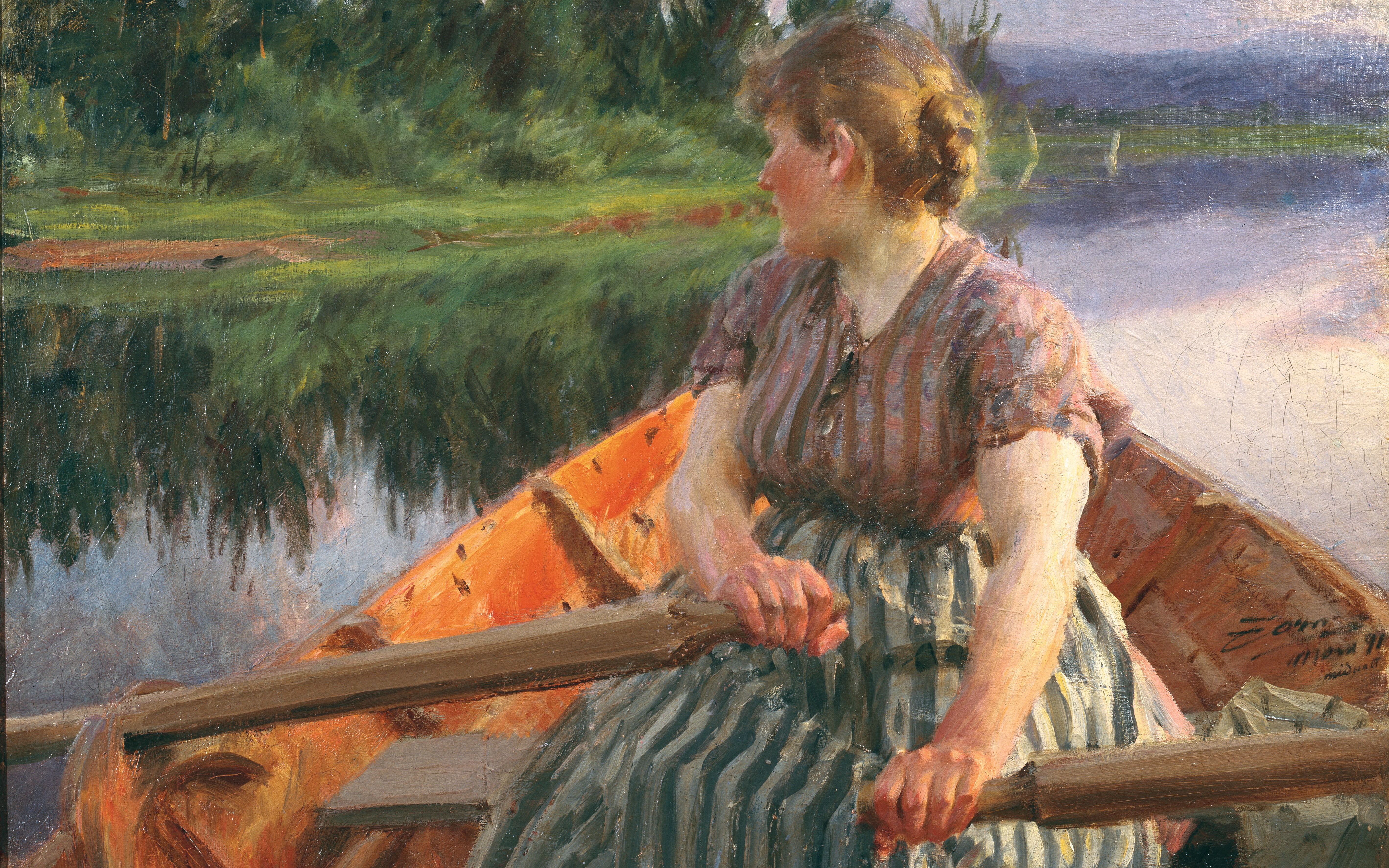 Woman rowing a boat on a calm river, Anders Zorn painting at Fundación MAPFRE Madrid exhibit.