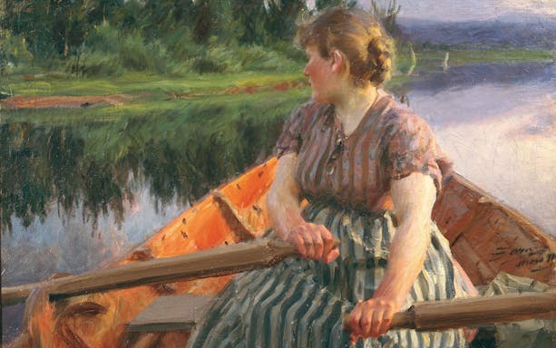 Woman rowing a boat on a calm river, Anders Zorn painting at Fundación MAPFRE Madrid exhibit.