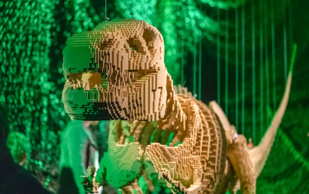 LEGO dinosaur sculpture at The Art of the Brick exhibition.