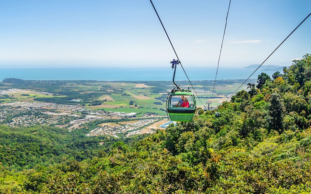 Kuranda Skyrail Rainforest Cableway over tropical rainforest in Cairns, Australia.
