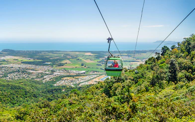 Kuranda Skyrail Rainforest Cableway over tropical rainforest in Cairns, Australia.