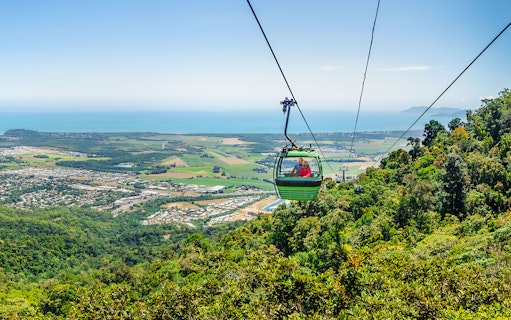 Kuranda Skyrail Rainforest Cableway over tropical rainforest in Cairns, Australia.