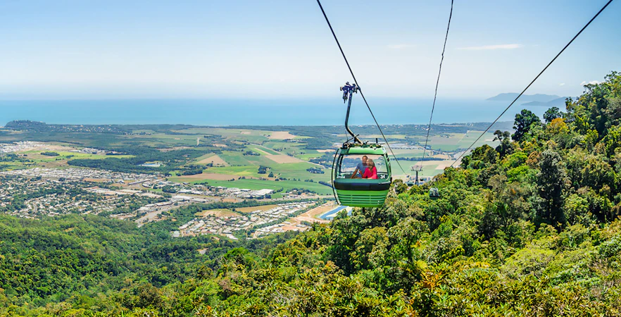Kuranda Skyrail Rainforest Cableway over tropical rainforest in Cairns, Australia.