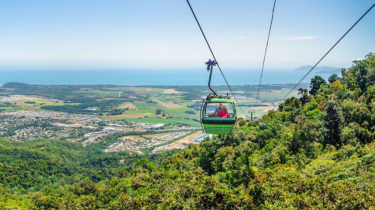 Kuranda Skyrail Rainforest Cableway over tropical rainforest in Cairns, Australia.