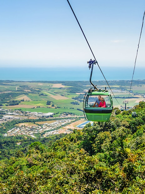 Kuranda Skyrail Rainforest Cableway over tropical rainforest in Cairns, Australia.