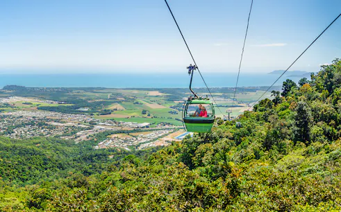 Kuranda Skyrail Rainforest Cableway over tropical rainforest in Cairns, Australia.