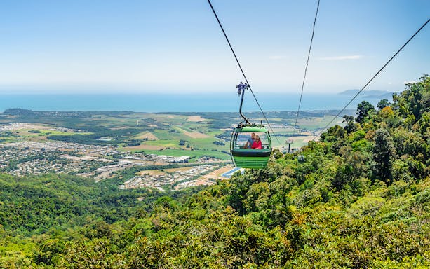 Kuranda Skyrail Rainforest Cableway over tropical rainforest in Cairns, Australia.
