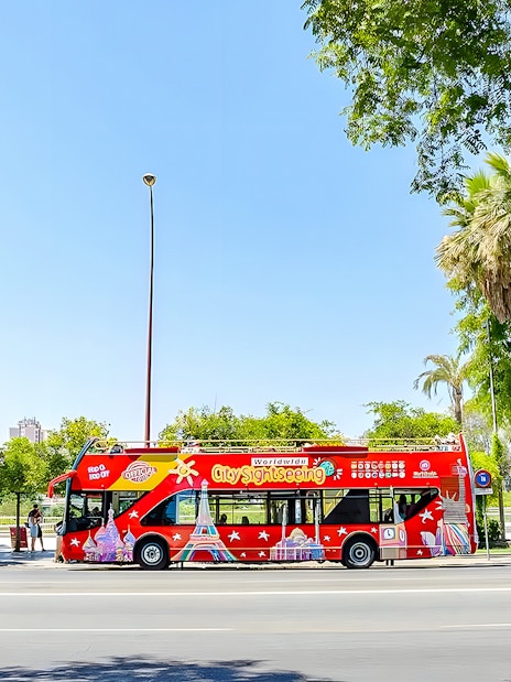 Red city sightseeing hop-on hop-off tour bus in Seville, surrounded by palm trees.