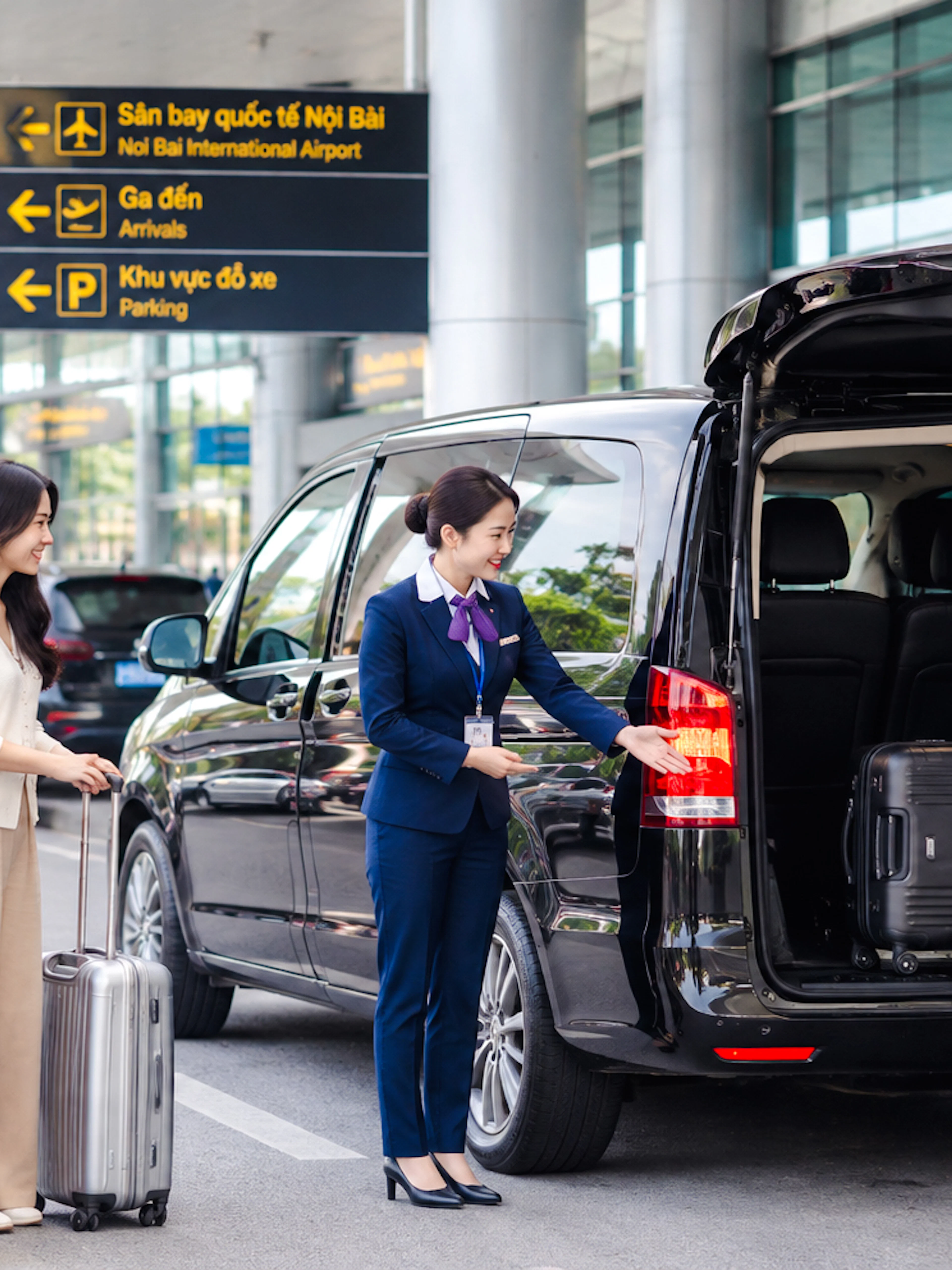 Group using Noi Bai Airport fast track service in Hanoi, with staff assisting luggage into a van.
