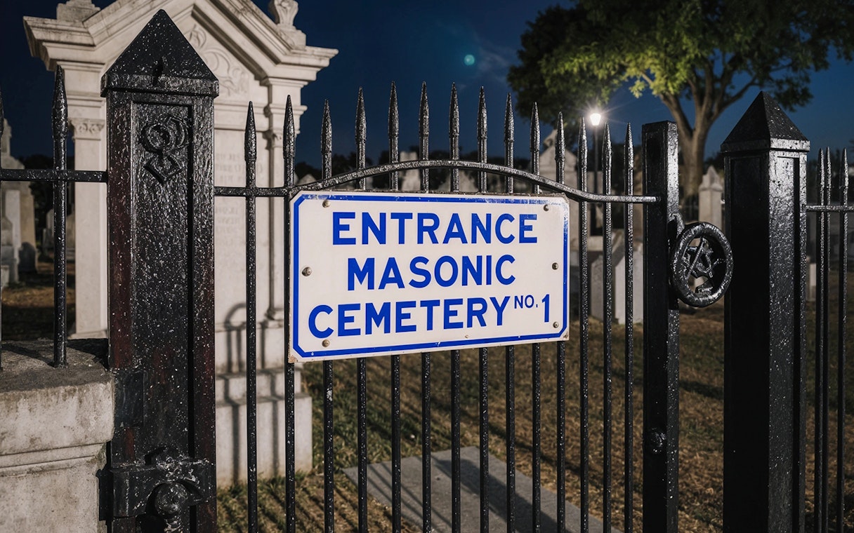 Masonic Cemetery entrance sign at night, Haunted Cemetery Bus Tour.