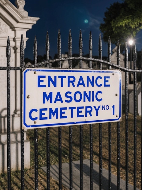 Masonic Cemetery entrance sign at night, Haunted Cemetery Bus Tour.