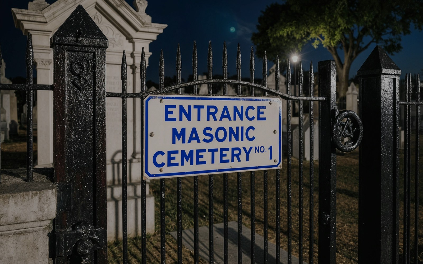 Masonic Cemetery entrance sign at night, Haunted Cemetery Bus Tour.