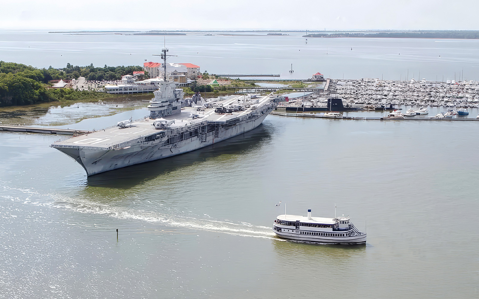 USS Yorktown aircraft carrier docked at Patriots Point near Fort Sumter National Monument, Charleston.