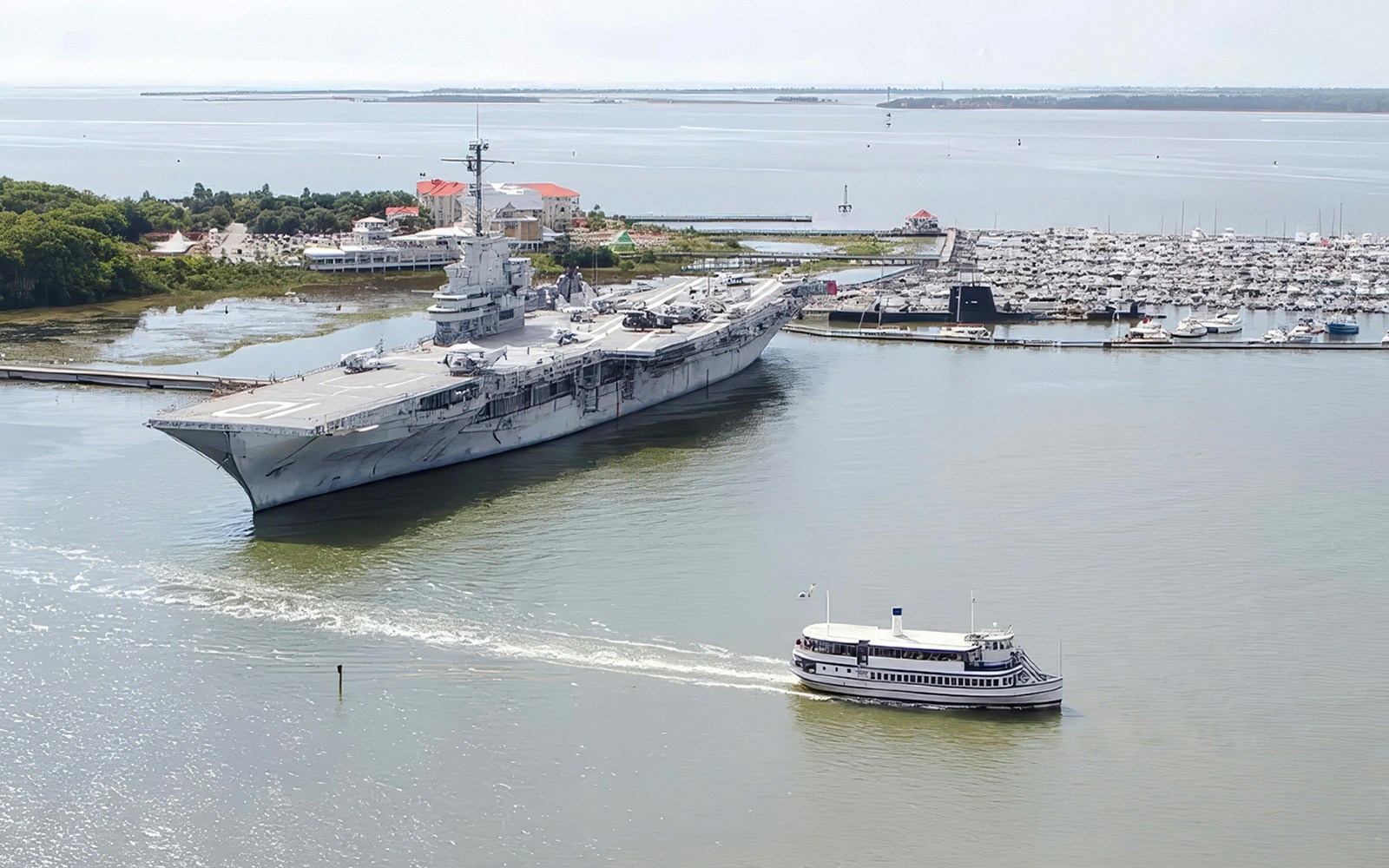 USS Yorktown aircraft carrier docked at Patriots Point near Fort Sumter National Monument, Charleston.
