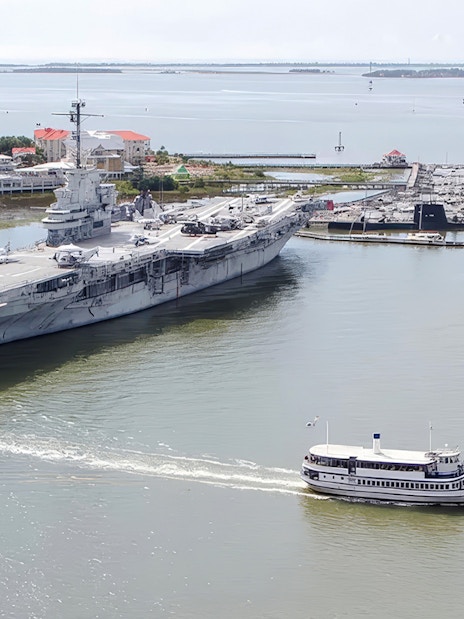 USS Yorktown aircraft carrier docked at Patriots Point near Fort Sumter National Monument, Charleston.
