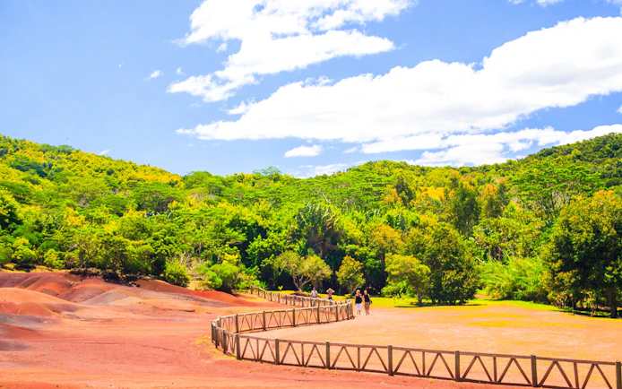 Chamarel Coloured Earth with vibrant hills and lush greenery in Mauritius.